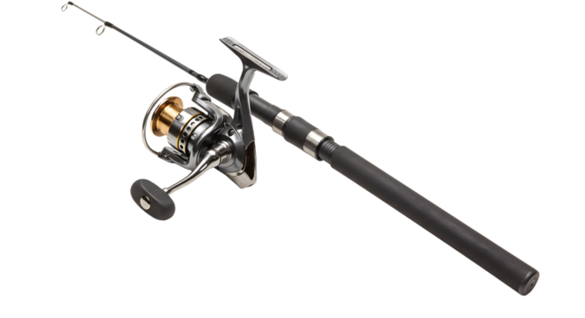 SPORT - Black spinning fishing rod and reel isolated on white background for freshwater or saltwater angling equipment