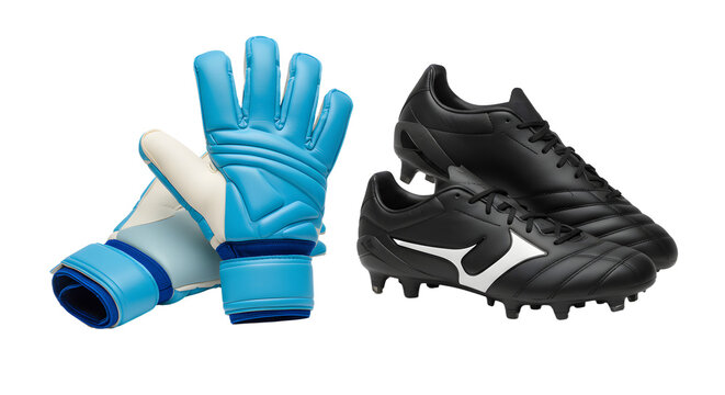 SPORT - Black soccer cleats and blue goalkeeper gloves isolated on white background, perfect for football training and matches - Powered by Adobe