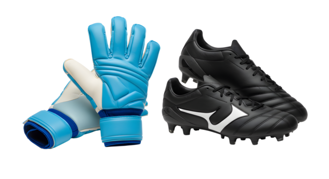 SPORT - Black soccer cleats and blue goalkeeper gloves isolated on white background, perfect for football training and matches