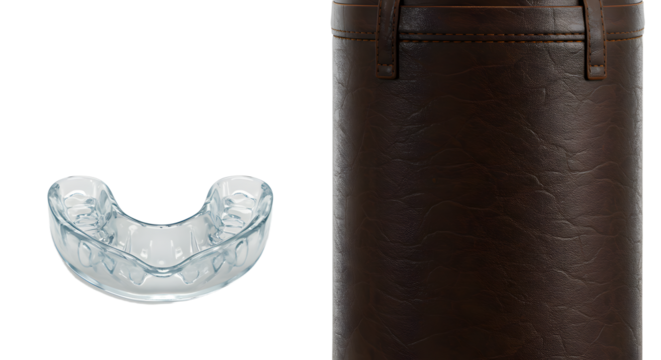 SPORT - Clear dental night guard or mouth guard with brown leather eyeglasses case, protection for teeth and jaw, perfect for oral care and sleep apnea treatment