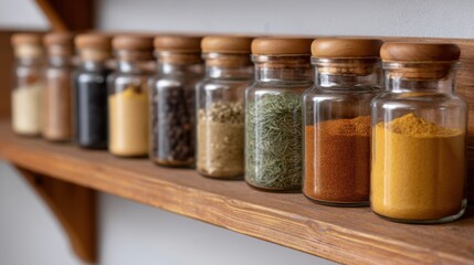 Colorful Variety of Spices in Glass Jars on Wooden Shelf for Kitchen Decoration and Culinary Inspiration