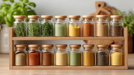 Organized Spice Rack with Variety of Glass Jars on Wooden Shelf Featuring Fresh Herbs and Colorful Spices in Bright Kitchen Setting
