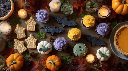 Halloween dessert spread with cupcakes, cookies, pies, and pumpkins