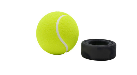 SPORT - Close-up of a bright yellow tennis ball and a black vibration dampener on white background, perfect for sports and tennis enthusiasts