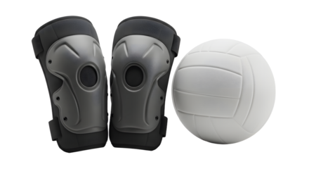 SPORT - Black volleyball knee pads with a white volleyball isolated on white background, perfect for sports safety and training