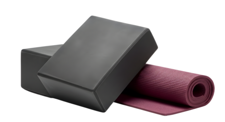 SPORT - Black yoga blocks with rolled purple yoga mat isolated on white background, perfect for fitness and flexibility training