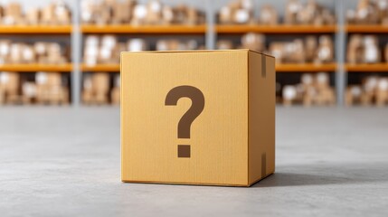Mysterious cardboard box with question mark symbol in warehouse showcasing uncertainty and curiosity about contents in organized storage environment