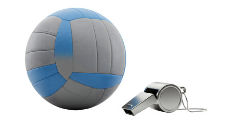 SPORT - Blue and gray volleyball next to a silver metal whistle on a white background, ideal for sports, coaching, and athletic training visuals