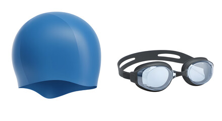 SPORT - Blue silicone swim cap and black swimming goggles isolated on white background perfect for swimming training and water sports