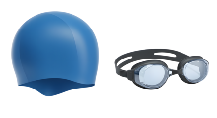 SPORT - Blue silicone swim cap and black swimming goggles isolated on white background perfect for swimming training and water sports