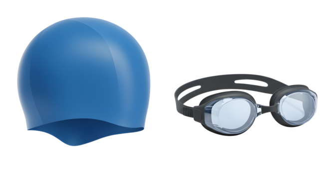 SPORT - Blue silicone swim cap and black swimming goggles isolated on white background perfect for swimming training and water sports