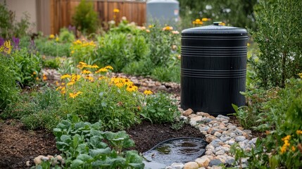 A trash can is in the middle of a garden