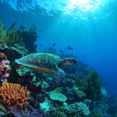 Obraz premium Sea turtle on vibrant coral reef (1)