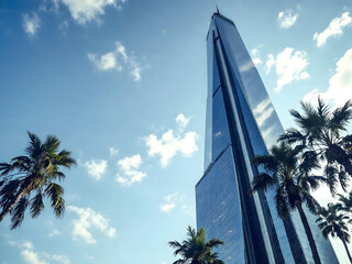 Tall skyscraper with palm trees and blue sky.