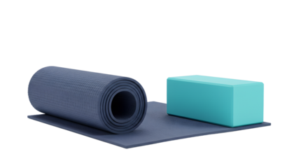 SPORT - Blue yoga mat and turquoise yoga block isolated on white background for fitness and exercise practice