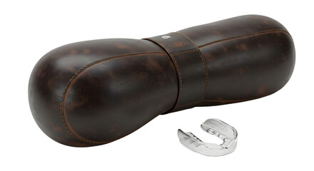 SPORT - Leather boxing hand wrap case with transparent mouth guard isolated on white background, sports gear for boxing training and protection