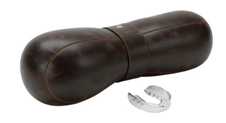 SPORT - Leather boxing hand wrap case with transparent mouth guard isolated on white background, sports gear for boxing training and protection