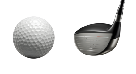 SPORT - Close-up of a golf ball and golf club driver isolated on black background, perfect for sports and outdoor activities