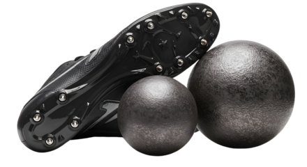 SPORT - Metal shot put balls and athletic cleat shoe close-up on white background, perfect for track and field sports