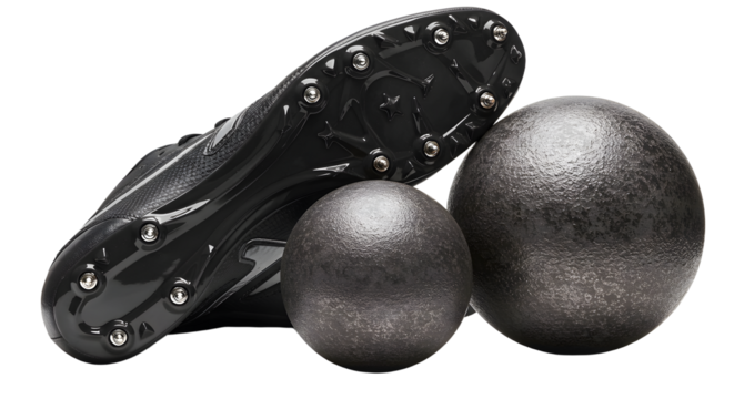 SPORT - Metal shot put balls and athletic cleat shoe close-up on white background, perfect for track and field sports