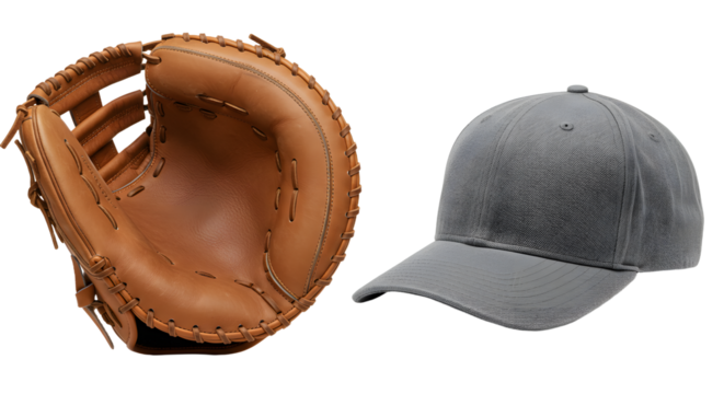 SPORT - Brown leather baseball glove and gray baseball cap isolated on white background, perfect for sports and casual wear themes