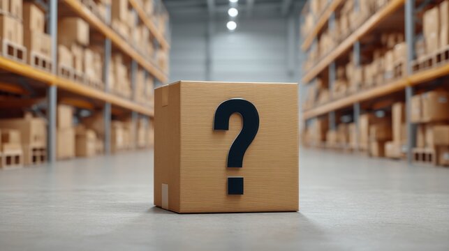 Mysterious cardboard box with question mark in a spacious warehouse full of stacked boxes on shelves, symbolizing mystery and uncertainty in logistics
