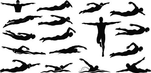 Swimming silhouettes, butterfly stroke, freestyle swimming, professional swimmer, sports fitness, water training, aquatic exercise, competitive athlete, swimming action, endurance sport