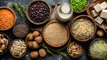 Vegan protein food background. Full set of plant based vegetarian food sources. Healthy eating, diet ingredients legumes, beans, nuts, soy and almond milk, tofu, quinoa, vegetables, seeds and sprouts