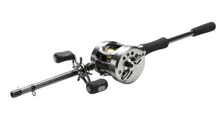SPORT - Close-up of a fishing reel and rod isolated on white background, equipment for freshwater and saltwater fishing, perfect for anglers and outdoor enthusiasts