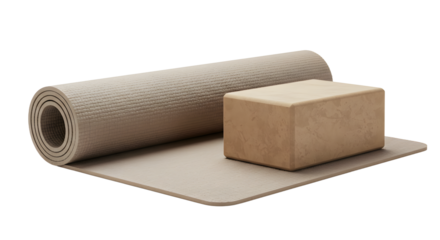 SPORT - Rolled yoga mat with cork yoga block on beige mat, fitness equipment for exercise and meditation