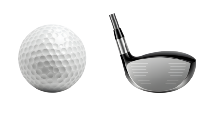 SPORT - Close-up of a golf ball and golf club head isolated on white background, perfect for sports and outdoor activity themes