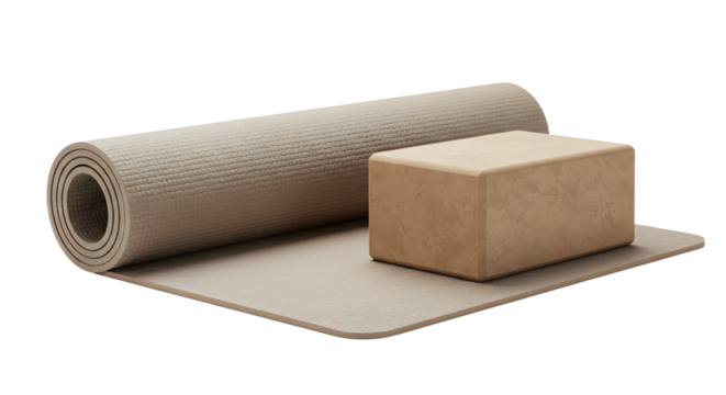 SPORT - Rolled yoga mat with cork yoga block on beige mat, fitness equipment for exercise and meditation