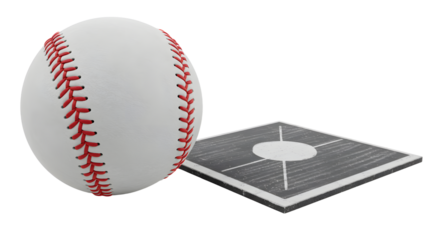 SPORT - Close-up of a white baseball with red stitching near a black and white home plate isolated on white, perfect for sports and baseball-themed designs