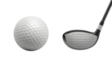 SPORT - Close-up of a white golf ball and golf club driver on white background, perfect for sports and golfing concepts