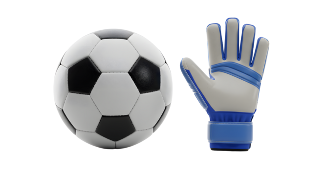 SPORT - Soccer ball and goalkeeper glove isolated on white background, perfect for sports and soccer-related projects