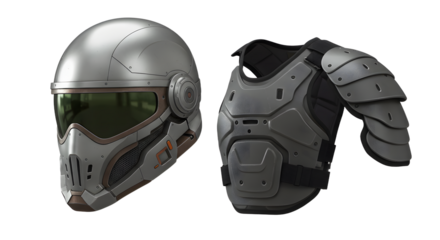 SPORT - Futuristic armored tactical helmet and chest protector, modern combat gear for military or sci-fi use, perfect for technology and gaming projects