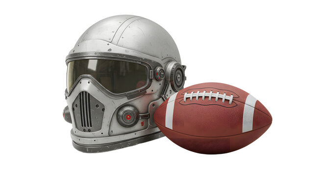 SPORT - Futuristic silver robot helmet with dark visor and brown American football isolated on white background, perfect for technology and sports themes