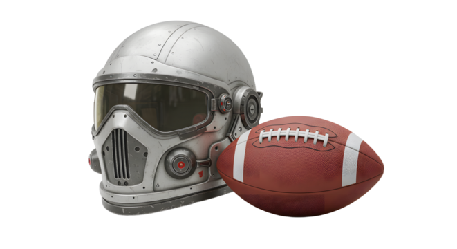 SPORT - Futuristic silver robot helmet with dark visor and brown American football isolated on white background, perfect for technology and sports themes