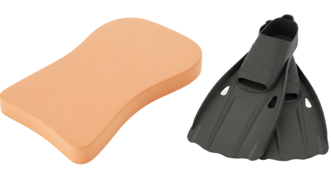 SPORT - Swimming kickboard and black fins isolated on white background, perfect for swim training and water exercise