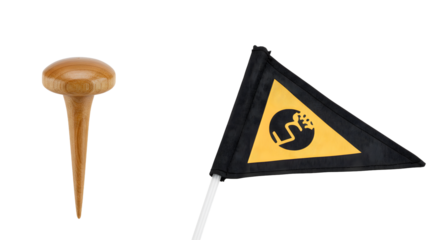 SPORT - Golf tee and hazard warning flag yellow and black triangle with golf hole symbol perfect for golf courses and sports themes