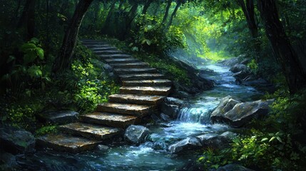 Obraz premium Stone Steps and Stream in a Sunlit Forest