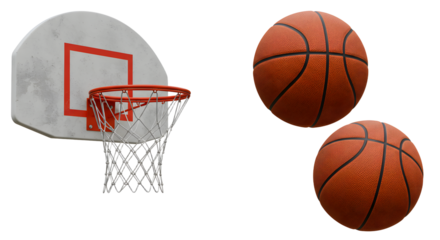 SPORT - Two orange basketballs and a hoop with white net isolated on white background, perfect for sports and basketball themes