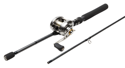 SPORT - Two-piece fishing rod with reel isolated on white background, closeup view, perfect for fishing enthusiasts and outdoor activities