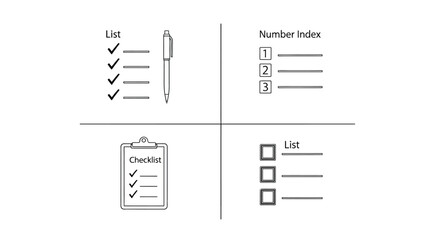 Vector illustration of four different types of checklists and todo lists with a pen