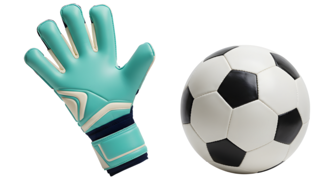 SPORT - Goalkeeper glove and classic black and white soccer ball isolated on white background, perfect for sports and football themes
