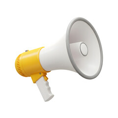 Yellow and white 3D megaphone or bullhorn, isolated on white or transparent background, PNG format.