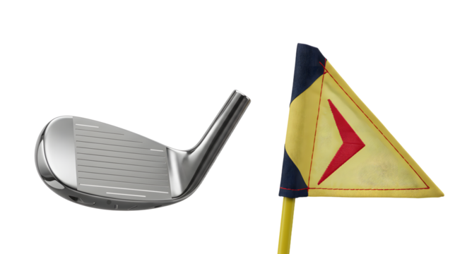 SPORT - Golf club and yellow flag with red arrow on golf course, golfing equipment and sport tools, perfect for golf sport themes