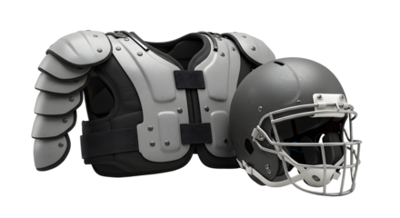 SPORT - Grey American football helmet and shoulder pads protective gear isolated on white background, perfect for sports safety and training