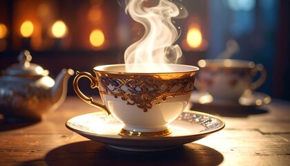 Steaming Cup of Tea on Wooden Table with Warm Lighting