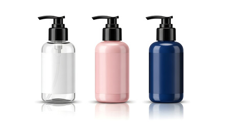 Travel Cosmetic Pump Bottles Mockup Set - Transparent, Pink, Navy